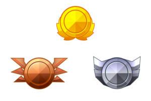 Set of game rank icons isolated. Bronze, silver and gold game badges buttons in circle frame png