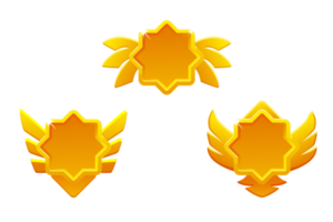 Golden game rank icons isolated. Game badges buttons in star frame with wings png