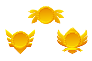 Golden game rank icons isolated. Game badges buttons in circle frame with wings png