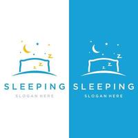 diseño creativo de la plantilla del logotipo de la cama y el sueño, con almohada, zzz, reloj, luna y estrellas. vector