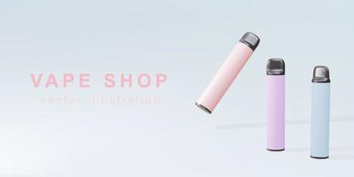 3D Promotional banner for Disposable electronic cigarette. The concept of modern smoking, vaping and nicotine. Vector illustration.