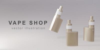 3D Promotional banner for vape shop - realistic golden vaping devices. Vector illustration.