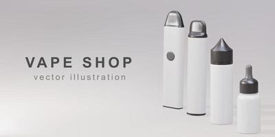 Pancarta promocional 3d para la tienda de vapeo: dispositivos de vapeo realistas y botella de plástico para vapeo. ilustración vectorial vector