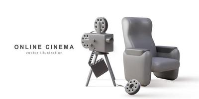 Cámara retro 3d realista, claqueta y sillón de cine y carretes de cine. ilustración vectorial vector