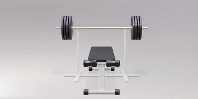 3d realistic gym bench and barbell on white stand isolated on gray background. Vector illustration.