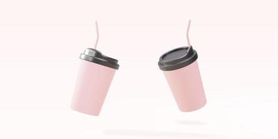 3D two pink paper coffee cups with a straw on a pink background. Vector illustration.