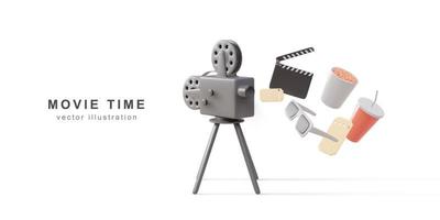 3d realistic Vintage camera. drink, snacks, glasses, ticket and clapperboard. Vector illustration.