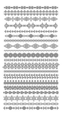 Large set of decorative border motifs. Collection of frames and dividers for tact. Vector illustration. Seamless horizontal vintage ornaments.