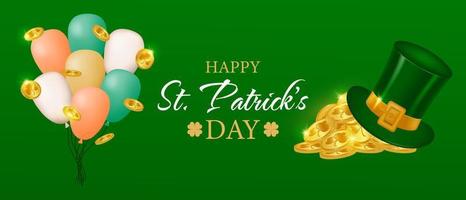 Festive St. Patricks Day background. Greeting banner, postcard or poster template. Leprechaun hat with gold coins, balloons. Green background. Vector illustration.