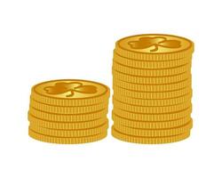 Stack of golden coins with clover isolated on white. Gold with shamrock. Vector illustration.