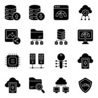 paquete de iconos sólidos de tecnología y servidor de datos vector