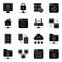 paquete de iconos sólidos de servidor y seguridad vector