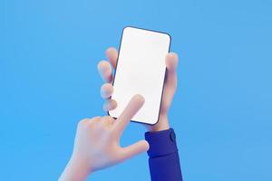 3D Cartoon hand holding smartphone mockup blank screen isolated on blue background, Hand using mobile phone mockup. 3d render illustration photo