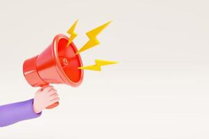 Cartoon hand holding megaphone isolated on white background. 3D rendering photo