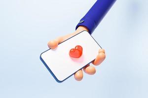 Cartoon hand holding smartphone mockup red like heart on screen isolated on blue background 3d render photo