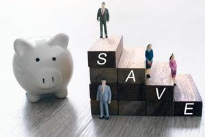 Wood that is placed as a ladder, model and piggy bank. Working to collect money and save money photo