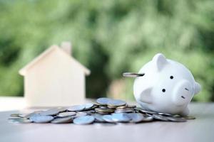Coin with piggy bank, white pig and house model. debt concept photo