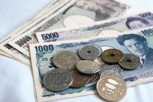 Japanese yen notes and Japanese yen coins for money concept background photo