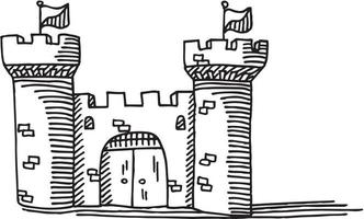 Hand-drawn vector drawing of a simple medieval Castle, Front View, Closed Gate. Black-and-White sketch on a transparent background.eps