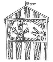 Hand-drawn vector drawing of a Puppet Theater For Kids, with a Clown and an Alligator. Black-and-White sketch on a transparent background.eps