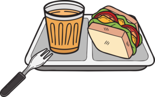sanduíche desenhado à mão e café na ilustração do prato no estilo doodle png