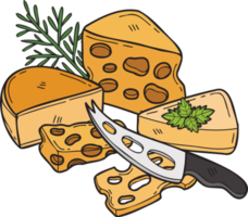 illustration de fromage et de couteau à fromage dessinés à la main dans un style doodle png