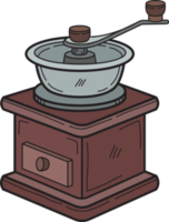 moulin à café manuel dessiné à la main avec illustration de grains de café dans un style doodle png