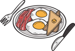 huevos fritos dibujados a mano y tocino en una ilustración de plato en estilo garabato png