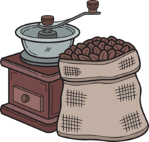 moedor de café manual desenhado à mão com ilustração de grãos de café no estilo doodle png