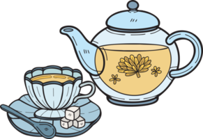 ilustración de juego de té de estilo inglés dibujado a mano en estilo doodle png