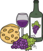 queijo desenhado à mão e ilustração de vinho de uva em estilo doodle png