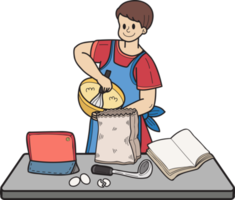 homem desenhado à mão aprendendo a cozinhar com a ilustração da internet no estilo doodle png