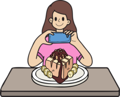 mulher desenhada de mão tirando foto da ilustração de sobremesa no estilo doodle png