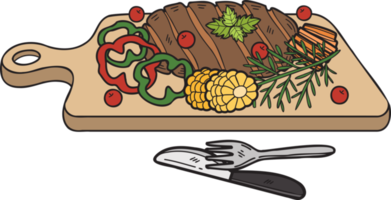 steak de boeuf dessiné à la main sur une planche à découper en bois avec illustration de couteau et fourchette dans un style doodle png