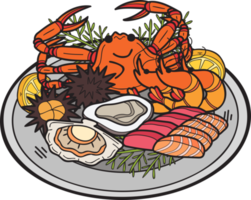 fruits de mer dessinés à la main sur une illustration de plaque dans un style doodle png