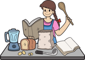 mulher desenhada de mão praticando ilustração culinária no estilo doodle png