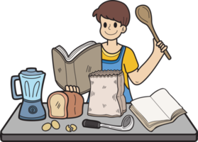 Hand Drawn Man practicing cooking from a book illustration in doodle style png