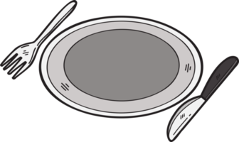 mano disegnato cibo piatto con forchetta e coltello illustrazione nel scarabocchio stile png