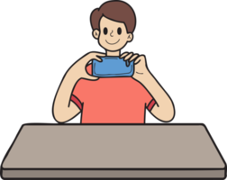 Hand Drawn man taking photo on dining table illustration in doodle style png