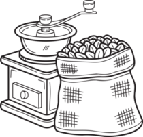 Hand Drawn Manual coffee grinder with coffee beans illustration in doodle style png