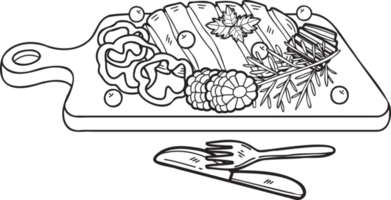 bistec de ternera dibujado a mano en una tabla de cortar de madera con ilustración de cuchillo y tenedor en estilo garabato png