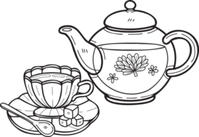 ilustración de juego de té de estilo inglés dibujado a mano en estilo doodle png