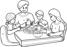 familia dibujada a mano comiendo comida en la ilustración de la mesa en estilo garabato png
