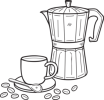 cafetera moka dibujada a mano y una taza de ilustración de café caliente en estilo garabato png