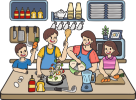 família desenhada à mão cozinhando juntos na ilustração da cozinha no estilo doodle png