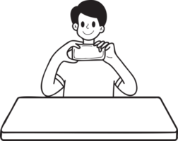 Hand Drawn man taking photo on dining table illustration in doodle style png