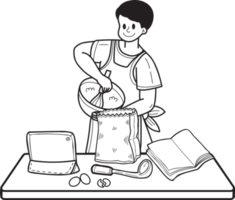Hand Drawn man learning to cook from the internet illustration in doodle style png