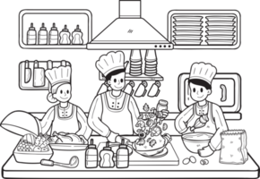 hand- getrokken chef is Koken in de keuken illustratie in tekening stijl png