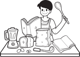 hombre dibujado a mano practicando cocina de una ilustración de libro en estilo garabato png