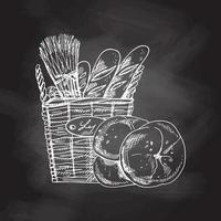 Dibujo a mano vectorial ilustración de cesta cuadrada de mimbre con baguettes y bollos. fondo de pizarra, dibujo blanco. icono de esbozo y elemento de panadería. vector